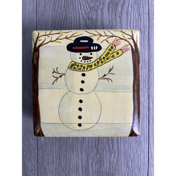 Vintage Hand Painted Wood Paper Mache Lacquered Coaster Set Winter Snowman READ - Picture 2 of 9